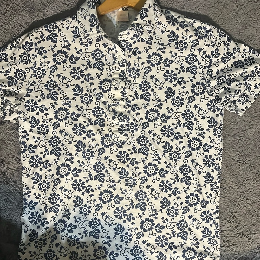 White blouse with blue floral swirls Leon Levin brand size small